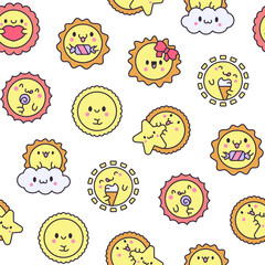Cute kawaii sun with face. Seamless pattern. Cartoon smiling characters. Hand drawn style. Vector drawing. Design ornaments.