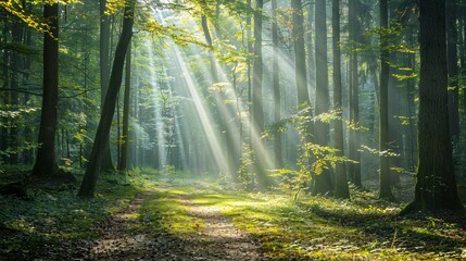 Fototapeta premium A tranquil forest trail with sunlight filtering through the trees