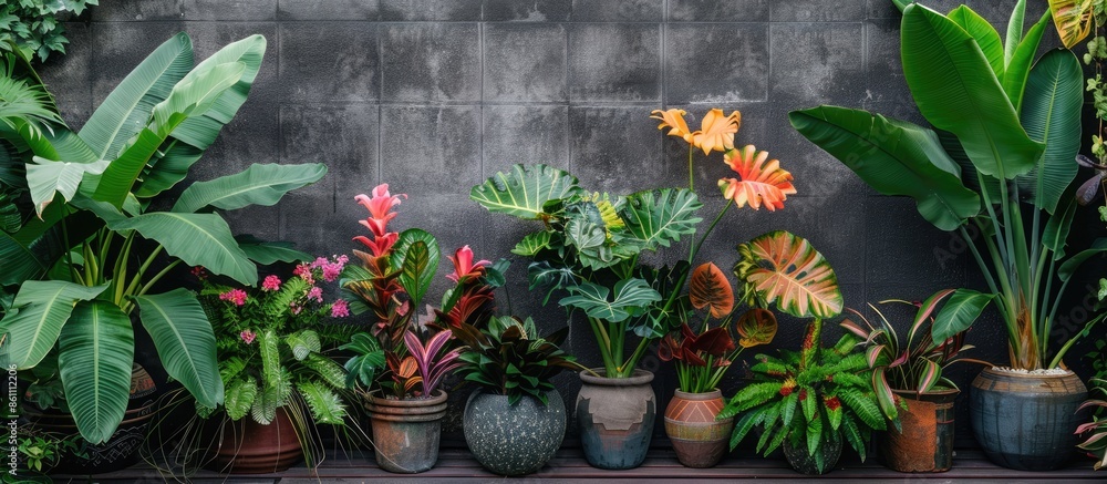 Poster a collection of various kinds of ornamental plants on display in the yard. taro ornamental plant. co
