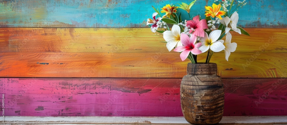 Poster artificial flowers in rustic wooden vase over colorful artistic grunge wood texture background / int