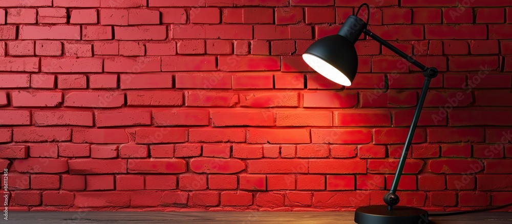 Poster black modern desk lamp on red bricks wall background. copy space image. place for adding text and de