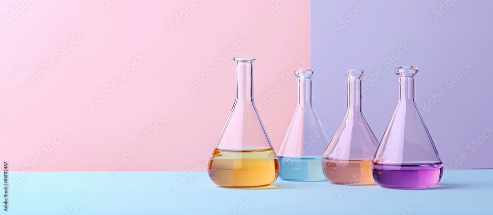 Poster empty pharmaceutical flasks isolated on pastel background. copy space image. place for adding text a