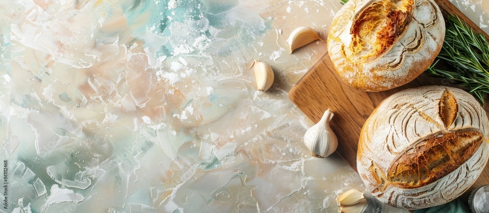 Poster fresh bread and garlic on a cutting board closeup on a pastel background. copy space image. place fo