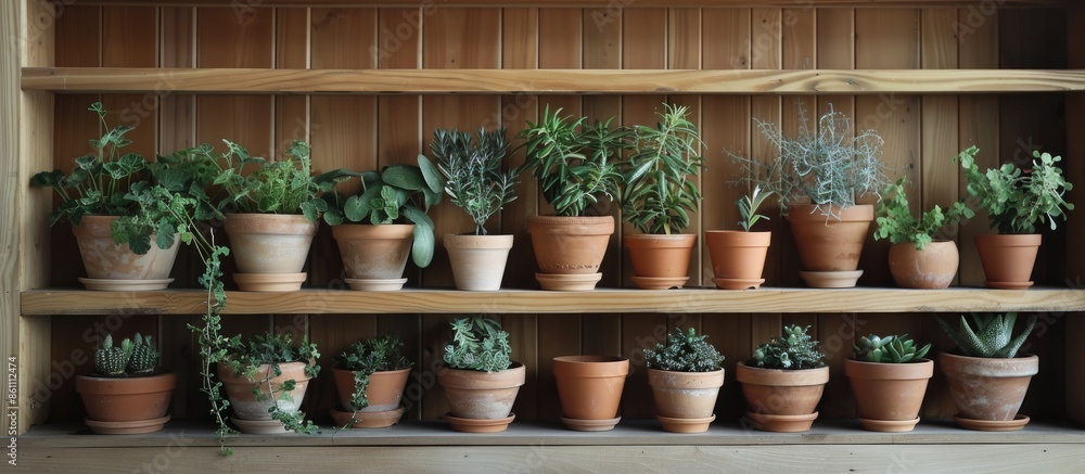 Poster beautiful potter plants on shelf. copy space image. place for adding text and design