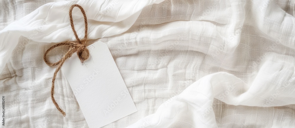 Aufkleber white blank clothes label on white linen as a background. copy space image. place for adding text an