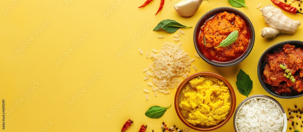 Poster rice box mixed curry paste pastel background food isolated. copy space image. place for adding text 