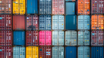 Fototapeta premium Stack of Containers Cargo Ship ImportExport in Harbor Port Cargo Freight Shipping of Container Logistics Industry Nautical Transport Distribution Yard Business Commercial Dock and Tran : Generative AI