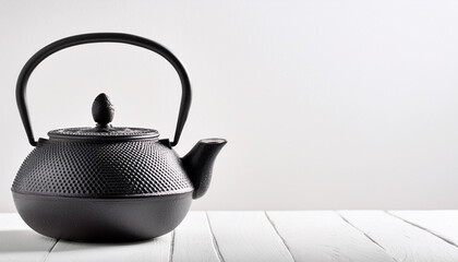The image shows a simple and elegant teapot made of cast iron on pure white background, copy space