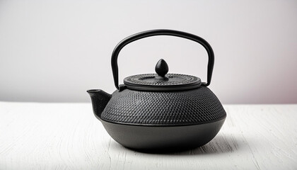 The image shows a simple and elegant teapot made of cast iron on pure white background, copy space