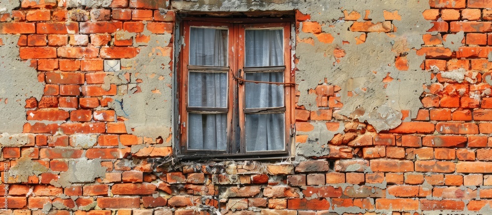 Poster a photograph of a window on an old brick wall. copy space image. place for adding text and design