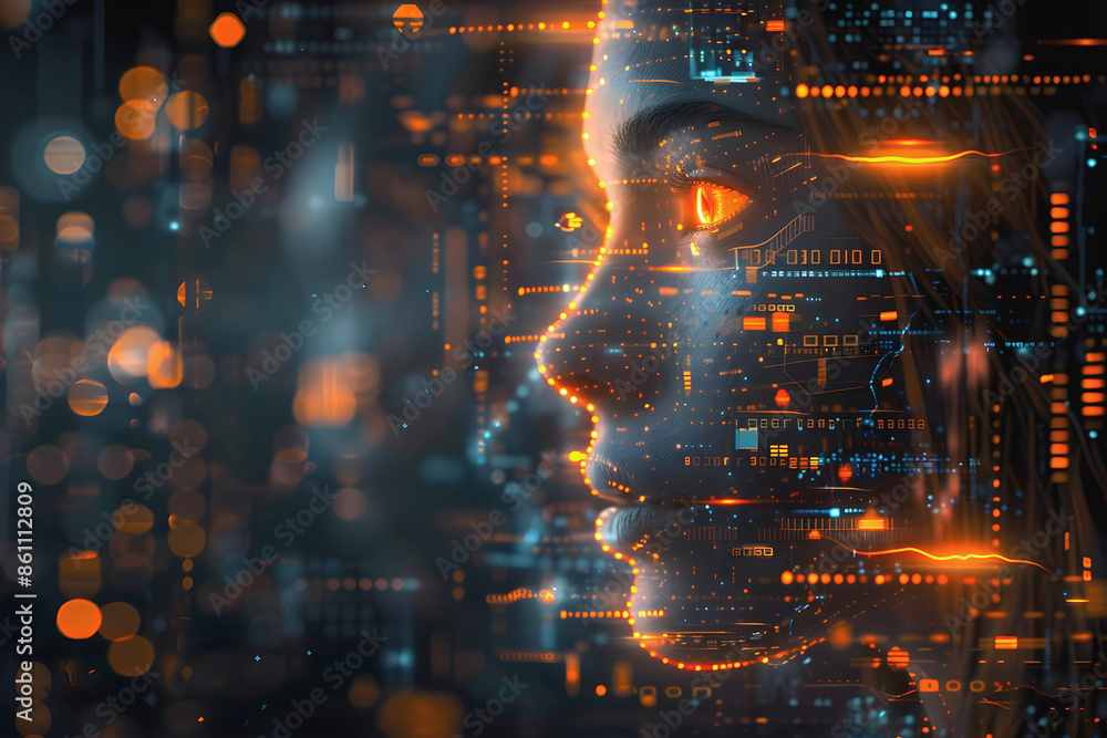 Poster futuristic digital face with glowing orange and blue circuit patterns, representing artificial intel