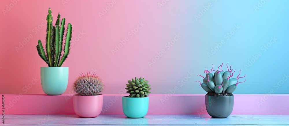 Poster different potted cacti on table near color background, space for text. interior decor. copy space im