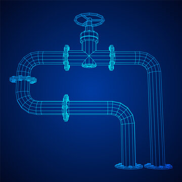 Oil pipeline with valve. Petrol production. Petroleum fuel industry transportation line. Wireframe low poly mesh vector illustration