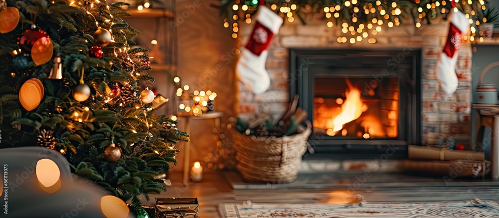 Poster christmas tree with decorations near a fireplace with lights. copy space image. place for adding tex