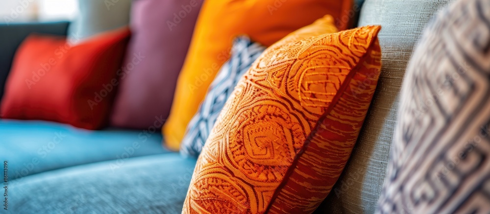 Poster close up detail shot of decorative throw pillows. copy space image. place for adding text and design
