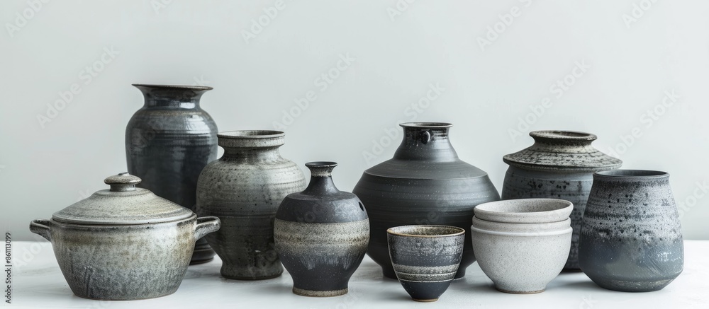 Poster mock up / design set of elegant and traditional cooking pots and goblet , grey and black made of cer