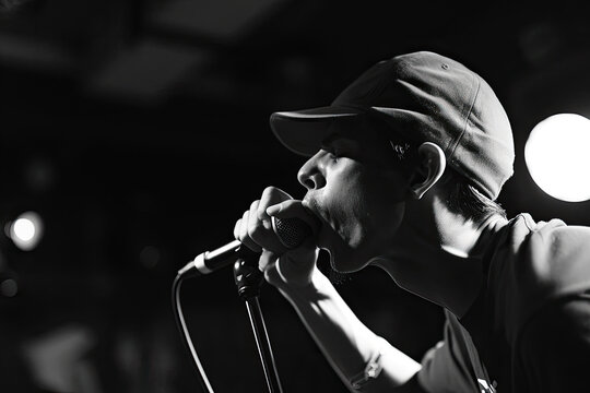 Man reading beatbox performance into microphone on a stage. Closeup stage shot, contrast spot light. Copy space for text