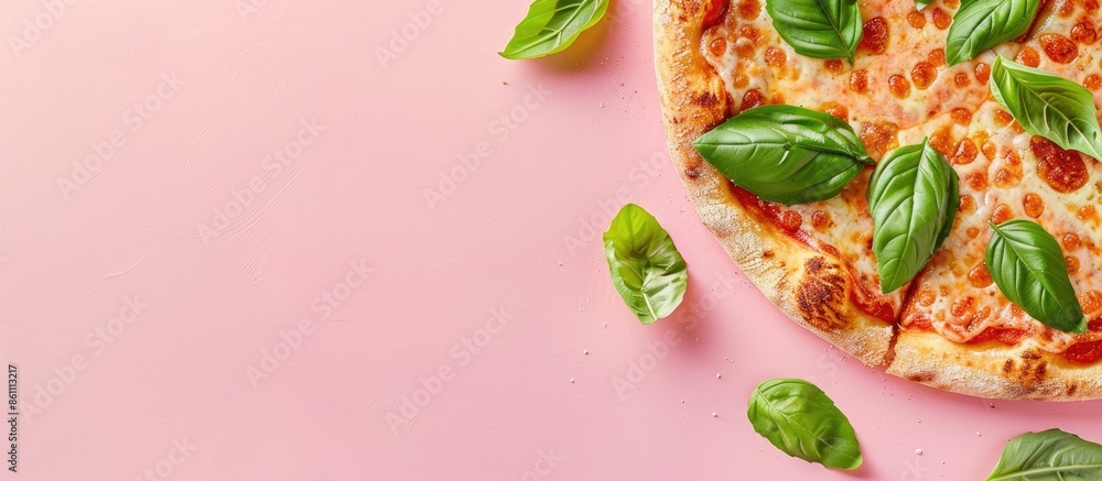 Poster pizza dough with cheese crust isolated on pastel background. copy space image. place for adding text