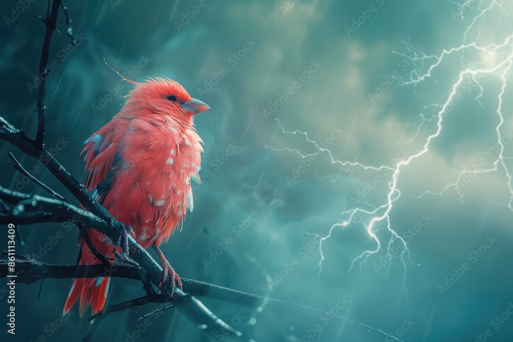 Poster a bird is perched on a branch in the rain