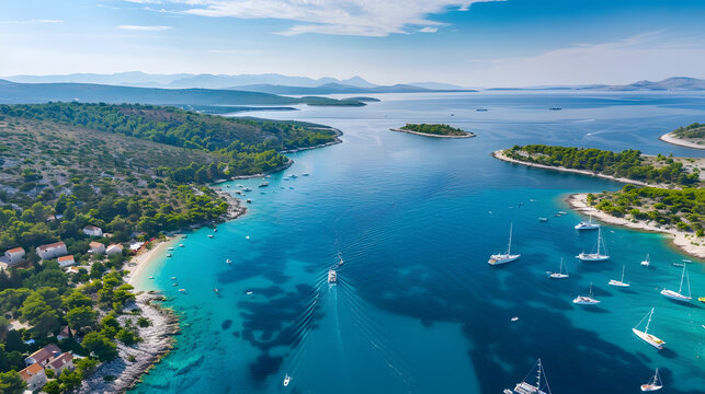 Aerial panoramic view of Palmizana summer leisure sailing cove and turquoise beach on Pakleni Otoci islands archipelago of Hvar in Croatia : Generative AI