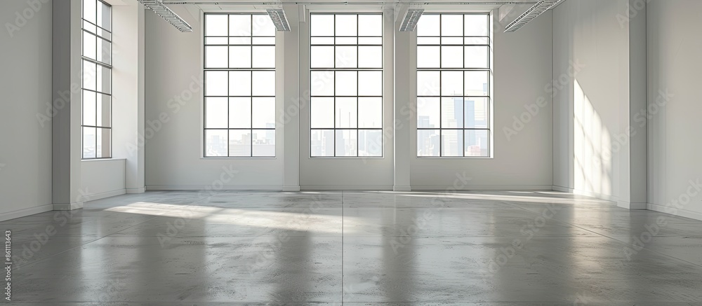 Poster empty large room with large windows. very bright room without anyone inside. copy space image. place