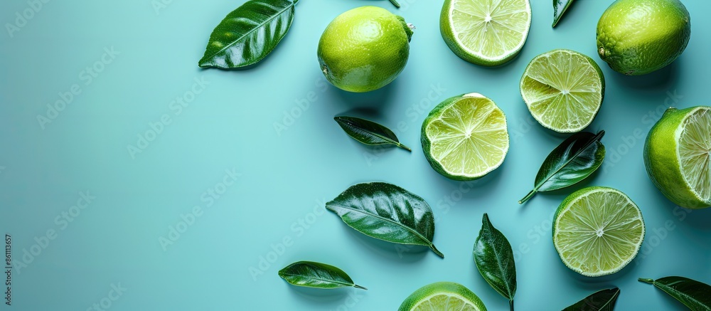 Poster sliced fresh lime fruits with leaves isolated on pastel background. copy space image. place for addi