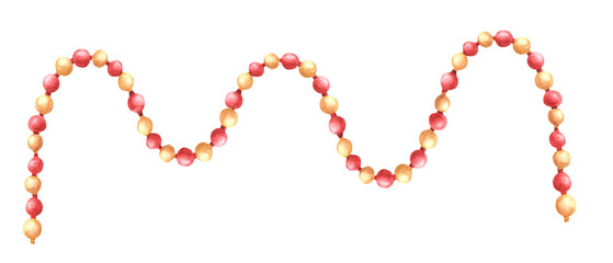 Christmas tree toy garland. Red and gold glass ball, elements, spheres. Watercolor glass xmas vintage decoration or New year old antique decor. Hand drawn illustration Clipart on isolated background.