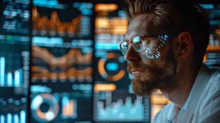 Strategic Financial Analysis: Businessman Examining Company Balance Sheet with Augmented Reality Graphs for Long-Term Investment