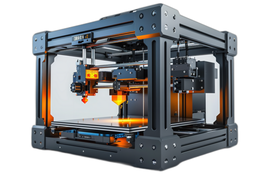 3D printer in action: nozzle deposits molten plastic on build platform to create object. Process seen through clear enclosure on a transparent background