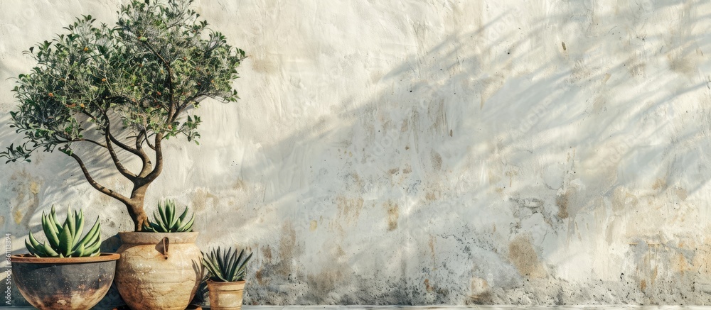 Poster a potted olive tree and succulents in a corner. copy space image. place for adding text and design