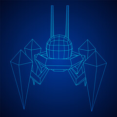 Spider robot with radar antenna. Nanobot, nanotechnology medical concept. Wireframe low poly mesh vector illustration