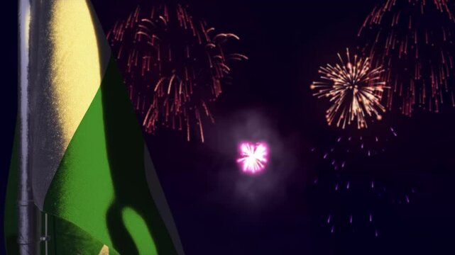 hanging Pakistan flag on firework sky bokeh background