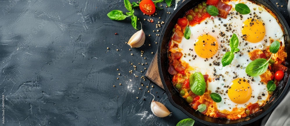 Poster shakshuka - fried eggs with bacon and vegetables. copy space image. place for adding text or design