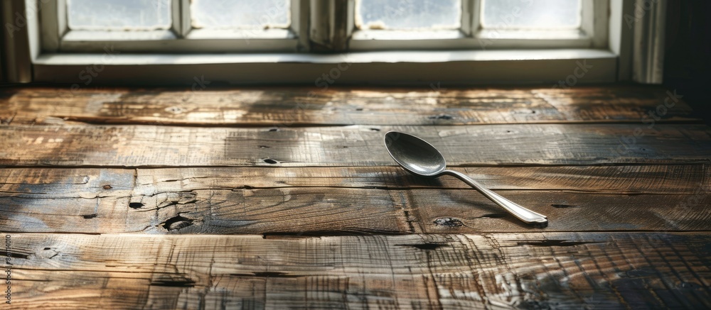 Poster spoon and desk with window . copy space image. place for adding text and design