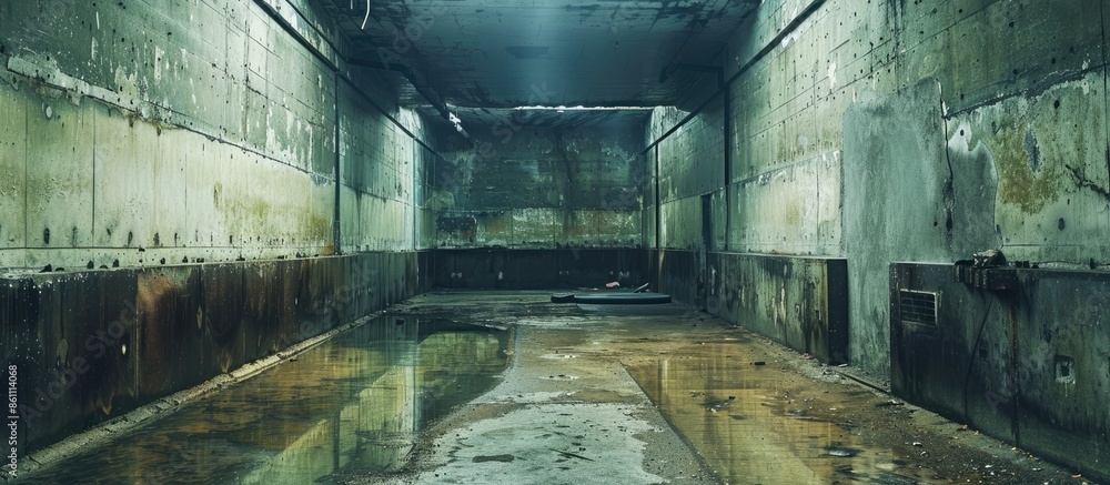 Poster tunnel with concrete walls in old abandoned soviet bunker. copy space image. place for adding text o