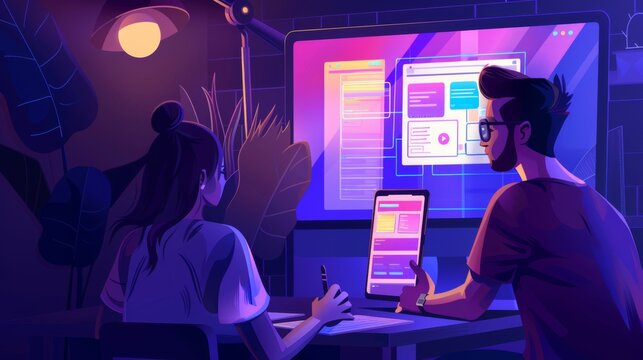 They test and discuss new features on a computer, in a creative office shared with other talented people.