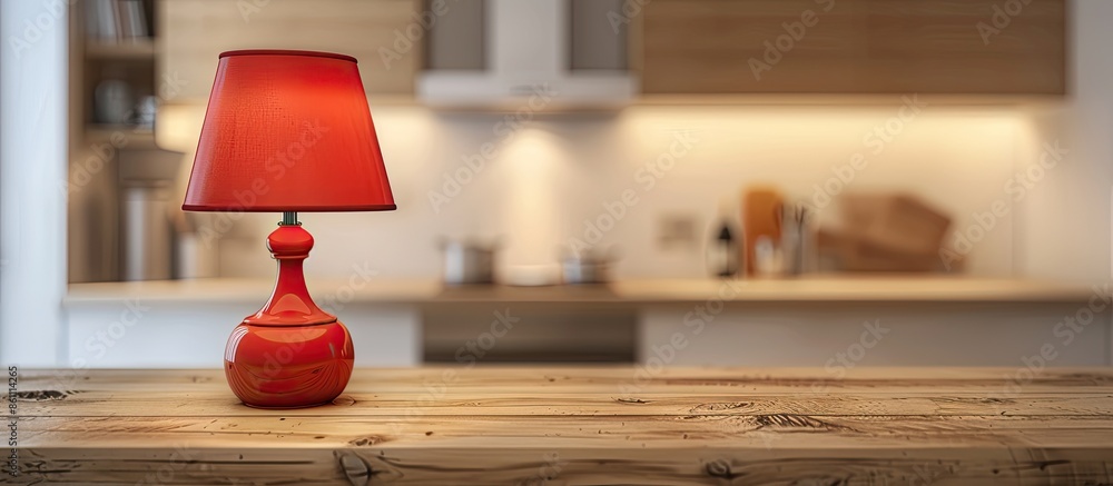 Poster red lamp on wooden counter top with modern kitchen blurry background. copy space image. place for ad