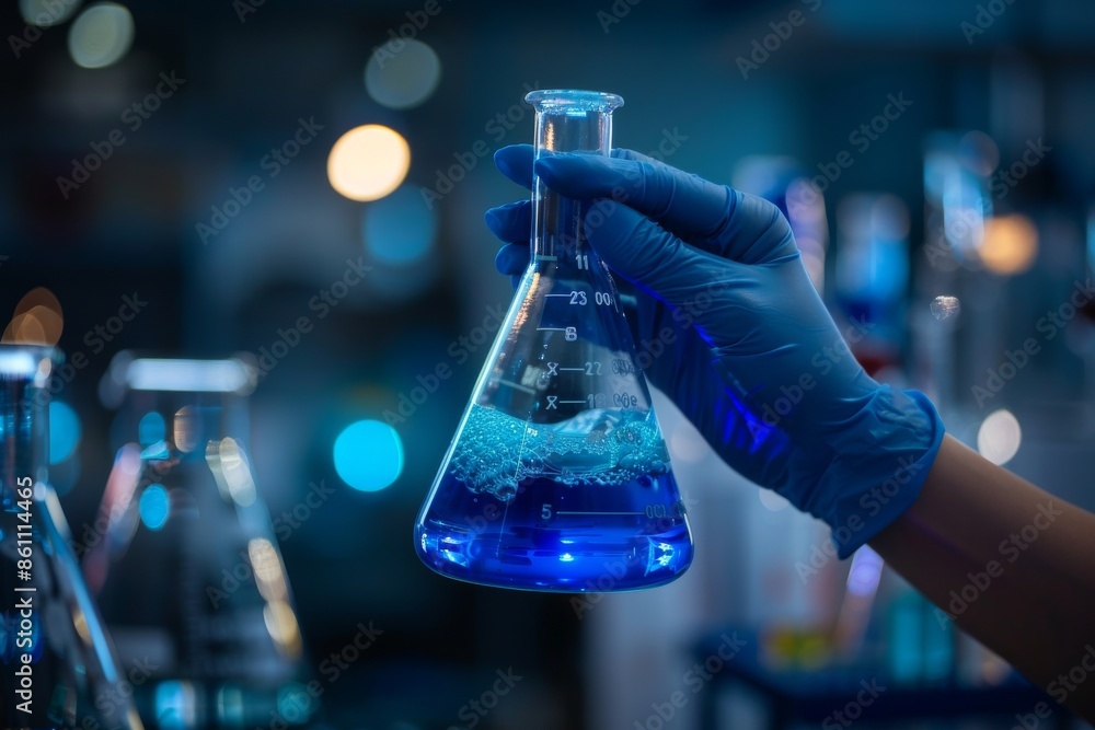 Aufkleber an image of a scientist holding a flask and a lab glassware set on a background of a chemical labora
