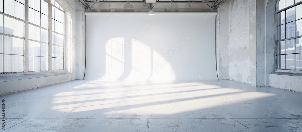 Sticker large studio space white cyclorama and natural light from large windows. loft. Copy space image. Place for adding text and design