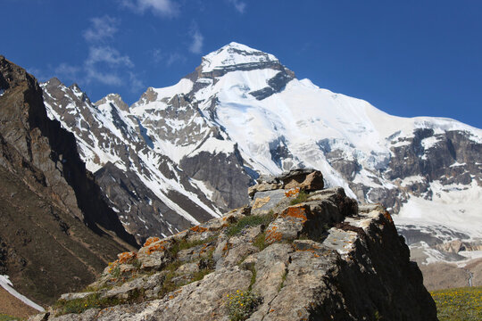 a view of snow  filled adi kailash mountain 