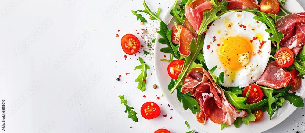 Aufkleber green salad with prosciutto, egg, arugula and tomato isolated on white background. copy space image.