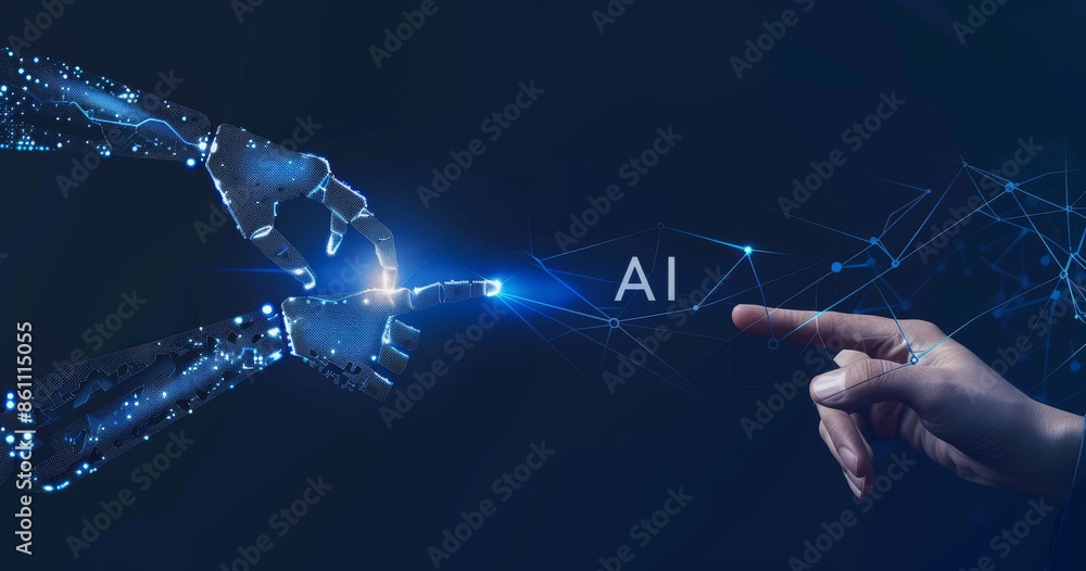 Poster a combination of stock, machine learning, hands and humans touching on a background of big data netw