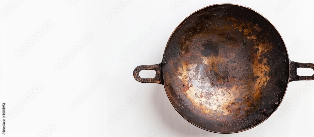 Poster empty iron wok isolated on white. chinese cookware. copy space image. place for adding text and desi
