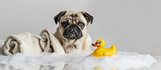pug dog in a bathtub not so amused about that , with yellow plastic duck and towel, covered in foam , isolated on white background. Copy space image. Place for adding text or design