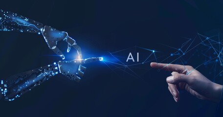 A combination of Stock, machine learning, hands and humans touching on a background of big data network connections, science and stock technology, and innovation and the future.