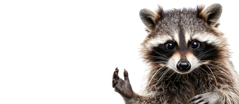 Funny raccoon showing a rock gesture isolated on white background. Copy space image. Place for adding text or design