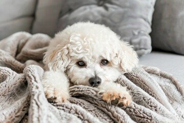 Cuddly white poodle puppy relaxing on soft blanket