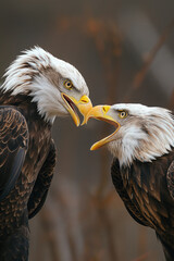 Two bald eagles communicating with open beaks