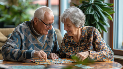 Senior couple playing puzzles in a retirement home