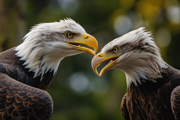 Obraz premium Two beautiful bald eagles communicating with open beaks